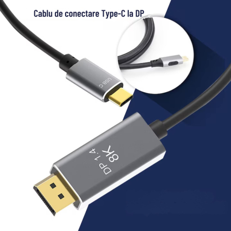 Cablu adaptor USB Type-C la DisplayPort 1.4 VarioShop®, performanta Ultra-HD, rezolutie 8K 60Hz, 4K 144Hz, 1.8m, Negru