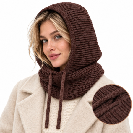 Imbracaminte femei - Caciula de iarna pentru dama VarioShop®, 3 in 1 cu gluga si fular integrat, tricot gros si calduros cu 30% lana, snururi reglabile, maro