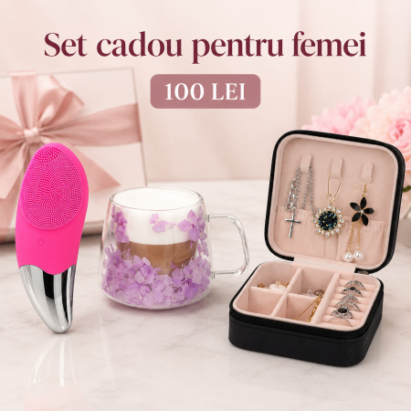 Idei cadou - Set cadou pentru femei VarioShop®, perie facială pentru curățare, cană din sticlă cu flori violet și organizator de bijuterii, cadou elegant, 3 produse