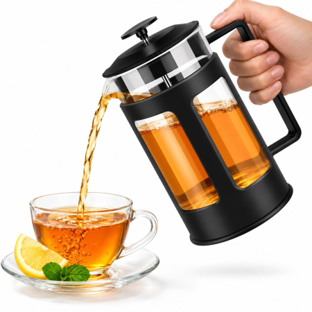 Cafetiera cu presa VarioShop®, pentru cafea, ceai si lapte spumat, capacitate 1L, filtru din otel inoxidabil, recipient din sticla, negru