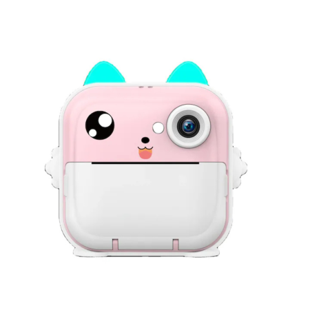 Aparate foto & mini imprimante copii - Camera foto instant pentru copii VarioShop® Mini Cat roz, imprimanta termica portabila fara cerneala, print alb-negru, jocuri integrate, ecran 2.4 inch, baterie reincarcabila, 11 role