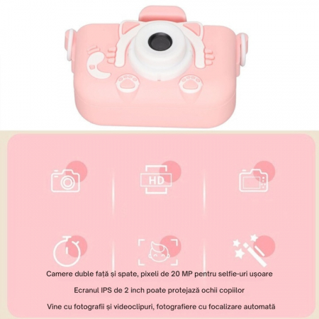 Camera foto pentru copii VarioShop®, Video, Jocuri, Muzica, 32GB SD card 1080P HD, 2.0 inch, 600 mAh, Husa Protectie Silicon, 3 ani+, Roz [5]