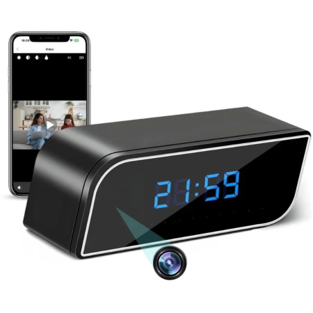 Dispozitive spionaj - Camera spion VarioShop®, ascunsa in ceas desteptator, filmare Full HD 1920x1080 px, microfon, LED IR, aplicatie, microSD pana la 32 GB, 10 x 3.7 x 4.5 cm