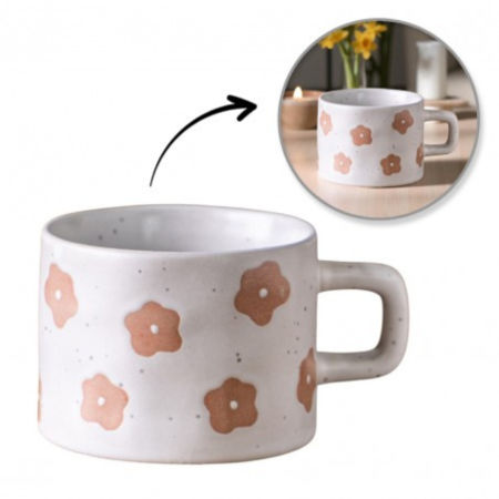 Termosuri, cani si sticle - Cană ceramică 250 ml cu model floral maro, finisaj mat – design modern, alb cu flori decorative
