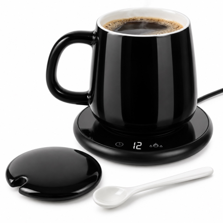 Articole pentru bauturi si cafele - Cana ceramica VarioShop® cu incalzitor, pentru cafea si ceai, 400 ml, 2 trepte 40/60°C, temporizator, capac si lingurita, negru