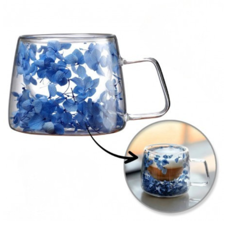 Termosuri, cani si sticle - Cană termică 180 ml din sticlă borosilicată, dublu perete, cu flori hortensie – model elegant pentru cafea și ceai