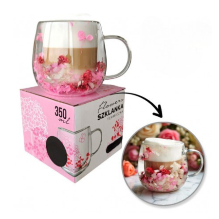 Termosuri, cani si sticle - Cană termică 350 ml din sticlă borosilicată, dublu perete, cu flori roz 3D – model elegant pentru cafea latte și ceai