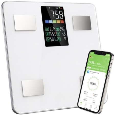 Frumusete & Ingrijire - Cantar de baie inteligent VarioShop®, ecran LCD, aplicatie Feelfit, greutate pana la 226 kg, BMI, grasime corporala, masa musculara si apa corporala, 30x30 cm, alb