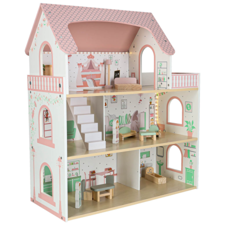 Figurine - Casa de papusi  VarioShop® 70 cm din lemn cu LED si balcon, set complet cu mobilier si figurine, jucarie educativa pentru copii 3+