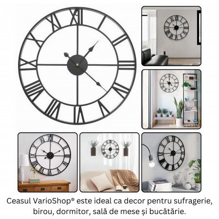 Ceas De Perete Stil Vintage VarioShop®, Din Metal, Cu Numere Romane, Mecanism Cu Secundar Silentios, Fara Ticait, Potrivite Pentru Decorarea Sufrageriei, Diametru 47, 5 cm, Negru [1]