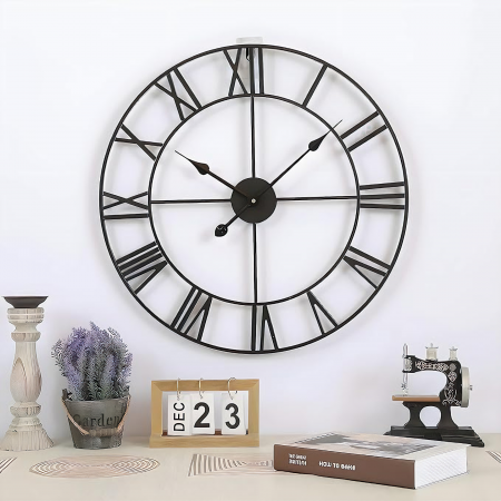 Ceas De Perete Stil Vintage VarioShop®, Din Metal, Cu Numere Romane, Mecanism Cu Secundar Silentios, Fara Ticait, Potrivite Pentru Decorarea Sufrageriei, Diametru 47, 5 cm, Negru [24]