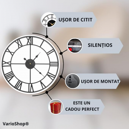 Ceas De Perete Stil Vintage VarioShop®, Din Metal, Cu Numere Romane, Mecanism Cu Secundar Silentios, Fara Ticait, Potrivite Pentru Decorarea Sufrageriei, Diametru 47, 5 cm, Negru [3]