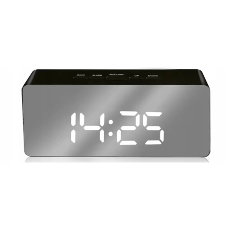 Laptop, Tablete & Telefoane - Ceas digital cu LED tip oglinda VarioShop®, Afisare Data, Ora, Temperatura, Alarma, Format Orar 12/24 ore, Reglarea Luminozitatii, Alimentare USB sau 3 x Baterii AAA, 14 x 6 x 3.5 cm Negru