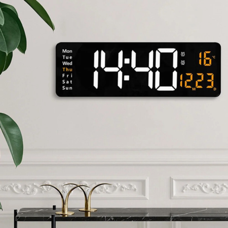 Ceasuri digitale - Ceas electronic LED VarioShop®, afisaj mare, afisare ora, data, zilele saptamanii si temperatura, alarma, format orar 12/24 ore, telecomanda, alimentare USB, 39 x 13 x 3 cm, negru