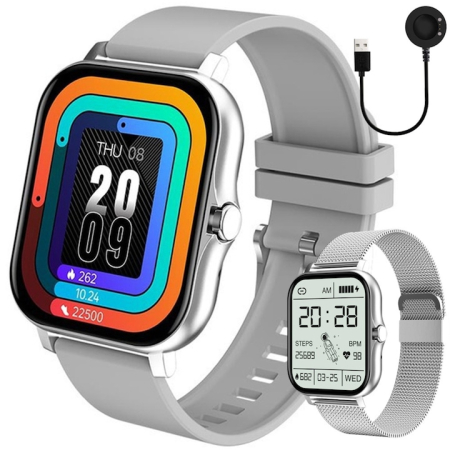 Smartwatch-uri - Ceas Smart VarioShop® monitorizare sanatate, apeluri, notificari, 7 moduri sportive, ecran tactil color, 2 curele, compatibil Android si iOS, gri