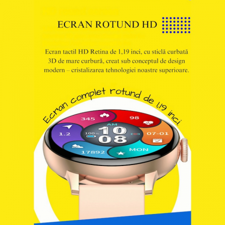 Ceas Smartwatch VarioShop®, Monitorizare Ritm Cardiac, Tensiune Arteriala, Multisport, Compatibil Android si iOS, Ecran IPS 1.19 inch, Bluetooth 5.0, Impermeabil, Baterie 200mAh, Elegant, Auriu [11]