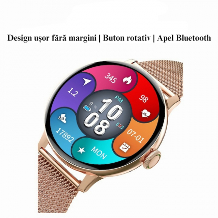 Ceas Smartwatch VarioShop®, Monitorizare Ritm Cardiac, Tensiune Arteriala, Multisport, Compatibil Android si iOS, Ecran IPS 1.19 inch, Bluetooth 5.0, Impermeabil, Baterie 200mAh, Elegant, Auriu [6]