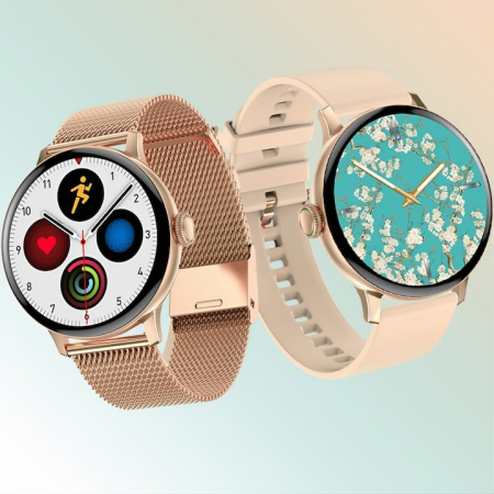 Ceas Smartwatch VarioShop®, Monitorizare Ritm Cardiac, Tensiune Arteriala, Multisport, Compatibil Android si iOS, Ecran IPS 1.19 inch, Bluetooth 5.0, Impermeabil, Baterie 200mAh, Elegant, Auriu [18]