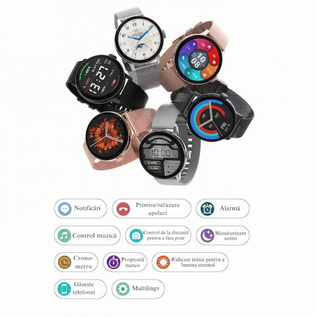 Ceas Smartwatch VarioShop®, Monitorizare Ritm Cardiac, Tensiune Arteriala, Multisport, Compatibil Android si iOS, Ecran IPS 1.19 inch, Bluetooth 5.0, Impermeabil, Baterie 200mAh, Elegant, Auriu [5]