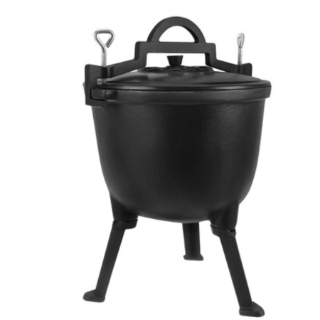 Vesela camping - Ceaun din fonta Varioshop 8L emailat, cu capac si picioare detasabile, pentru foc de tabara si camping, gatit outdoor, 42.3 x 34 x 33 cm, negru