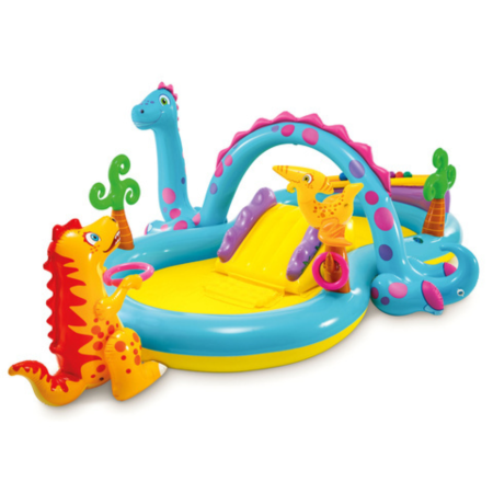 Piscine copii - Piscina gonflabila copii VarioShop® Dinoland, cu tobogan, fantana de apa si 6 mingi, 280 L, 302x229x112 cm