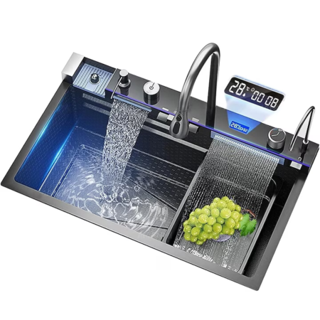 Chiuveta bucatarie - Chiuveta bucatarie multifunctionala Smart VarioShop® cu afisaj digital, baterie extensibila 3 jeturi, LED inteligent si accesorii integrate, 80 x 45 cm, adancime 22 cm