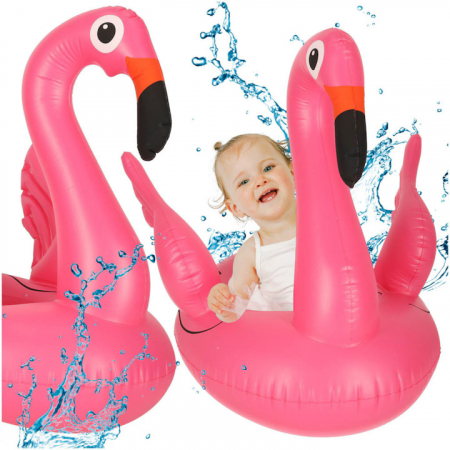 Colaci, ochelari si accesorii inot - Colac gonflabil pentru copii VarioShop®, in forma de flamingo, jucarie din PVC, cu aripioare laterale ca manere si gauri pentru picioare, ideal pentru piscina, mare sau lac, Roz