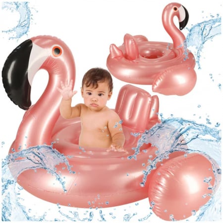 Colaci, ochelari si accesorii inot - Colac inot pentru copii VarioShop®, model flamingo, diametru 60 cm, din PVC durabil, cu orificii pentru picioare, design atragator, ideala pentru joaca, relaxare, invatarea inotului, Roz