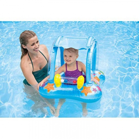 Colaci, ochelari si accesorii inot - Colac pentru copii cu scaun si parasolar VarioShop®, protectie solara, siguranta si distractie garantata pentru piscina sau mare, 72 x 72 cm, Albastru