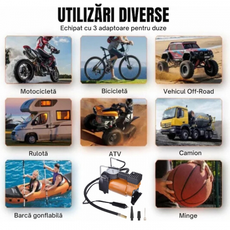 Compresor auto portabil VarioShop®, 12V, 150 PSI, 10 BAR, cu manometru si accesorii pentru umflat roti, mingi si saltele gonflabile, 16 x 15 cm [2]