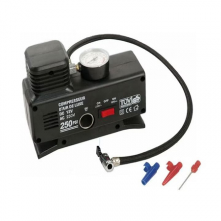 Compresor auto VarioShop®, 12v/220V, 17 bar, cu indicator de presiune, Ideal pentru pomparea rotilor auto, mingilor, saltelelor, Constructie fiabila, durabila si usor de utilizat, Negru [11]