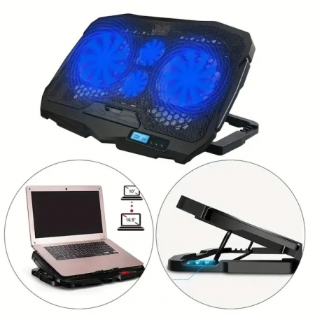 Cooler pentru laptop VarioShop®, compatibilitate 12 - 17 inch, iluminare LED, 4 nivele de inaltime, 4 ventilatoare, 15 dBA, 39 x 28 cm, Negru/Albastru [1]