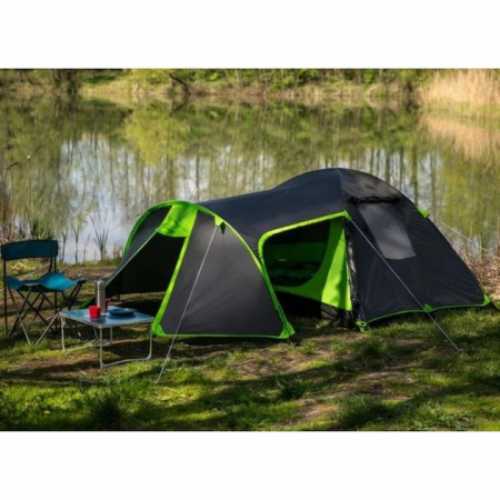 Corturi camping - Cort camping VarioShop®, 3 persoane, fereastra ventilatie, plasa tantari, buzunare interioare, 380 x 120 x 220 cm, Negru/Verde