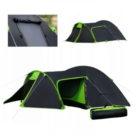 Cort camping VarioShop®, 3 persoane, fereastra ventilatie, plasa tantari, buzunare interioare, 380 x 120 x 220 cm, Negru/Verde [3]