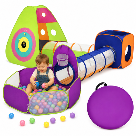 Casute si corturi copii - Cort de joaca pentru copii 5 in 1 VarioShop®, cu 3 corturi, 2 tuneluri, piscina cu 100 de bile si geanta de transport, 517 cm, multicolor