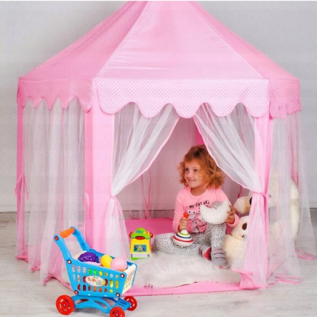 Cort de joaca pentru copii VarioShop®, Varf Conic, Perdele Transparente, Dimensiuni Generoase, Instalare Usoara, pentru Interior/Exterior, 135x135x140cm, Roz [3]