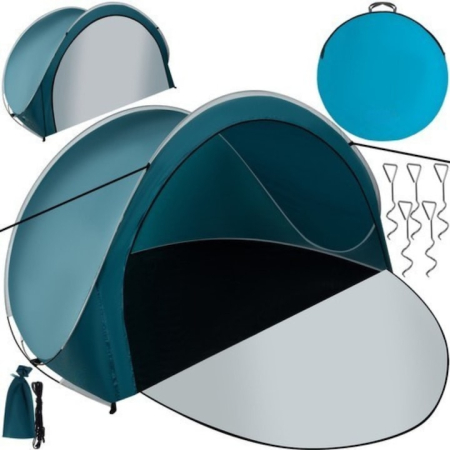 Sport, Travel & Plajă - Cort de plaja pentru 3 persoane VarioShop®, cu fermoar dublu, protectie UV si vant, pliabil, usor de transportat, montaj instant POP-UP, 200 x 120 x 110 cm, Albastru/Alb