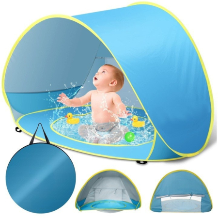 Casute si corturi copii - Cort de plaja portabil VarioShop®, adapost cu protectie UV pentru bebelusi si copii, cu piscina, POP-UP, 115 x 80 x 65 cm, Albastru