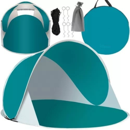 Camping - Cort plaja semideschis, VarioShop®, montare rapida POP-UP, protectie UV si rezistent la vant, 190 x 86 x 120 cm, Alb/Turcoaz
