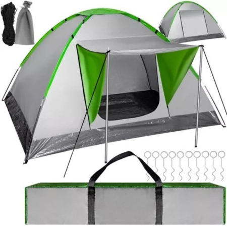 Corturi camping - Cort turistic VarioShop pentru 4 persoane, impermeabil, copertina multifunctionala, plasa tantari, 200 x 200 x 110cm, Verde