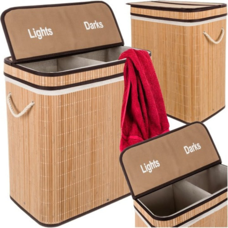 Casa & Bucatarie - Cos de rufe din bambus VarioShop®, 100L, cu doua compartimente, husa textila detasabila, 60 x 54 x 35 cm, crem