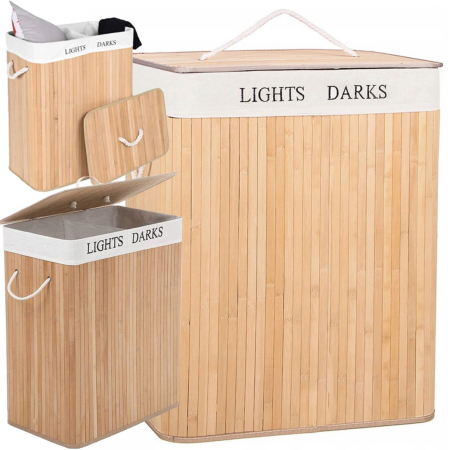 Cosuri pentru rufe si Ligheane - Cos de rufe din bambus, VarioShop, multifunctional, 2 compartimente, sac detasabil, 53 x 33 x 60 cm, Crem