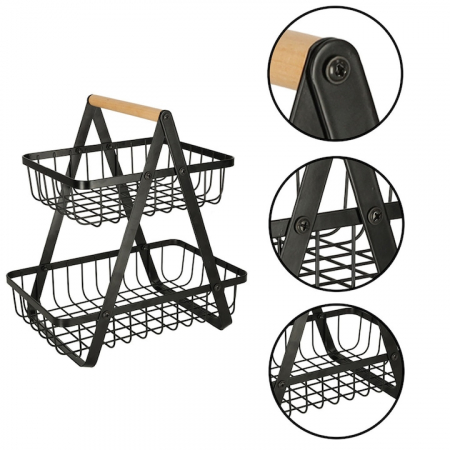 Cos metalic pentru fucte si legume VarioShop®, 2 niveluri, maner din lemn, design elegant, economisire spatiu, 27 x 17 x 29.5 cm, Negru [13]