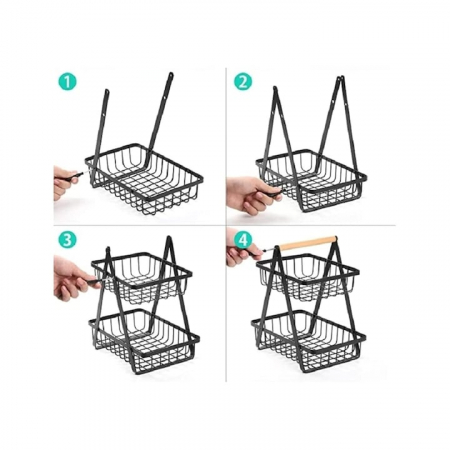 Cos metalic pentru fucte si legume VarioShop®, 2 niveluri, maner din lemn, design elegant, economisire spatiu, 27 x 17 x 29.5 cm, Negru [5]