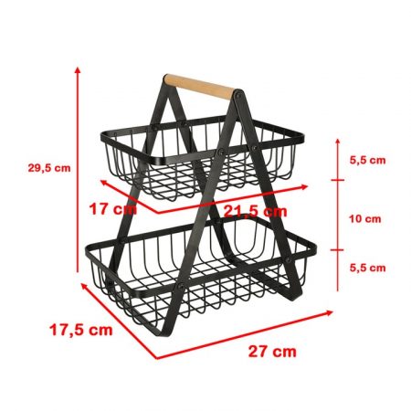 Cos metalic pentru fucte si legume VarioShop®, 2 niveluri, maner din lemn, design elegant, economisire spatiu, 27 x 17 x 29.5 cm, Negru [9]
