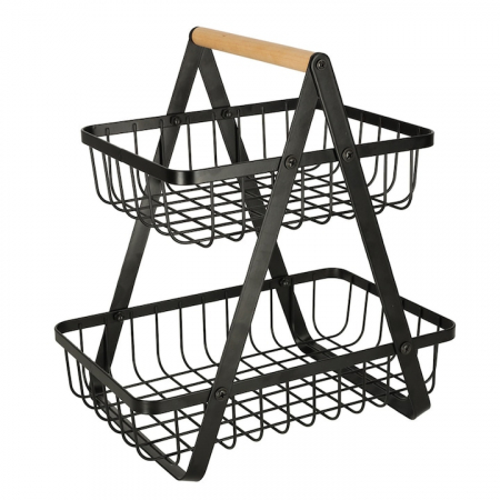 Cosuri servire - Cos metalic pentru fucte si legume VarioShop®, 2 niveluri, maner din lemn, design elegant, economisire spatiu, 27 x 17 x 29.5 cm, Negru