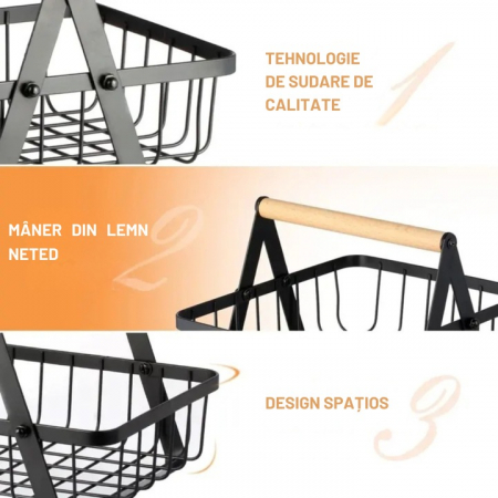 Cos metalic pentru fucte si legume VarioShop®, 2 niveluri, maner din lemn, design elegant, economisire spatiu, 27 x 17 x 29.5 cm, Negru [4]