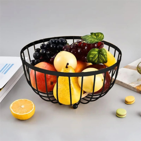 Cos metalic rotund pentru fructe si legume VarioShop®, design modern pe trei picioare, stabil si elegant, ideal pentru bucatarie sau sufragerie, 25 cm diametru, Negru mat