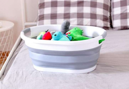 Cos Pentru Rufe Pliabil Multifunctional VarioShop®, Dimensiuni 38 x 53 x6/15/24 cm, Inaltime reglabila pe 3 nivele, Material Silicon-Plastic, Capacitate 25L, Echipat cu Manere pentru Transport, Gri si [10]