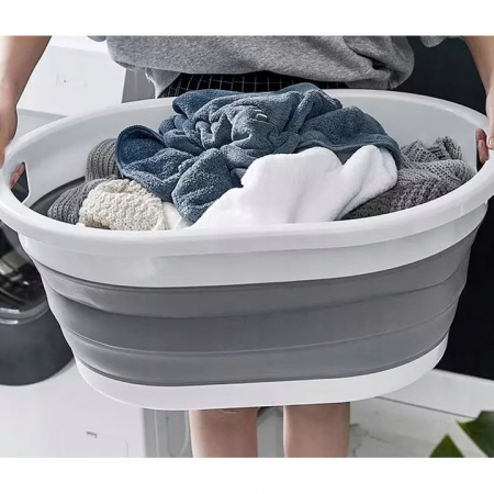 Cos Pentru Rufe Pliabil Multifunctional VarioShop®, Dimensiuni 38 x 53 x6/15/24 cm, Inaltime reglabila pe 3 nivele, Material Silicon-Plastic, Capacitate 25L, Echipat cu Manere pentru Transport, Gri si [4]